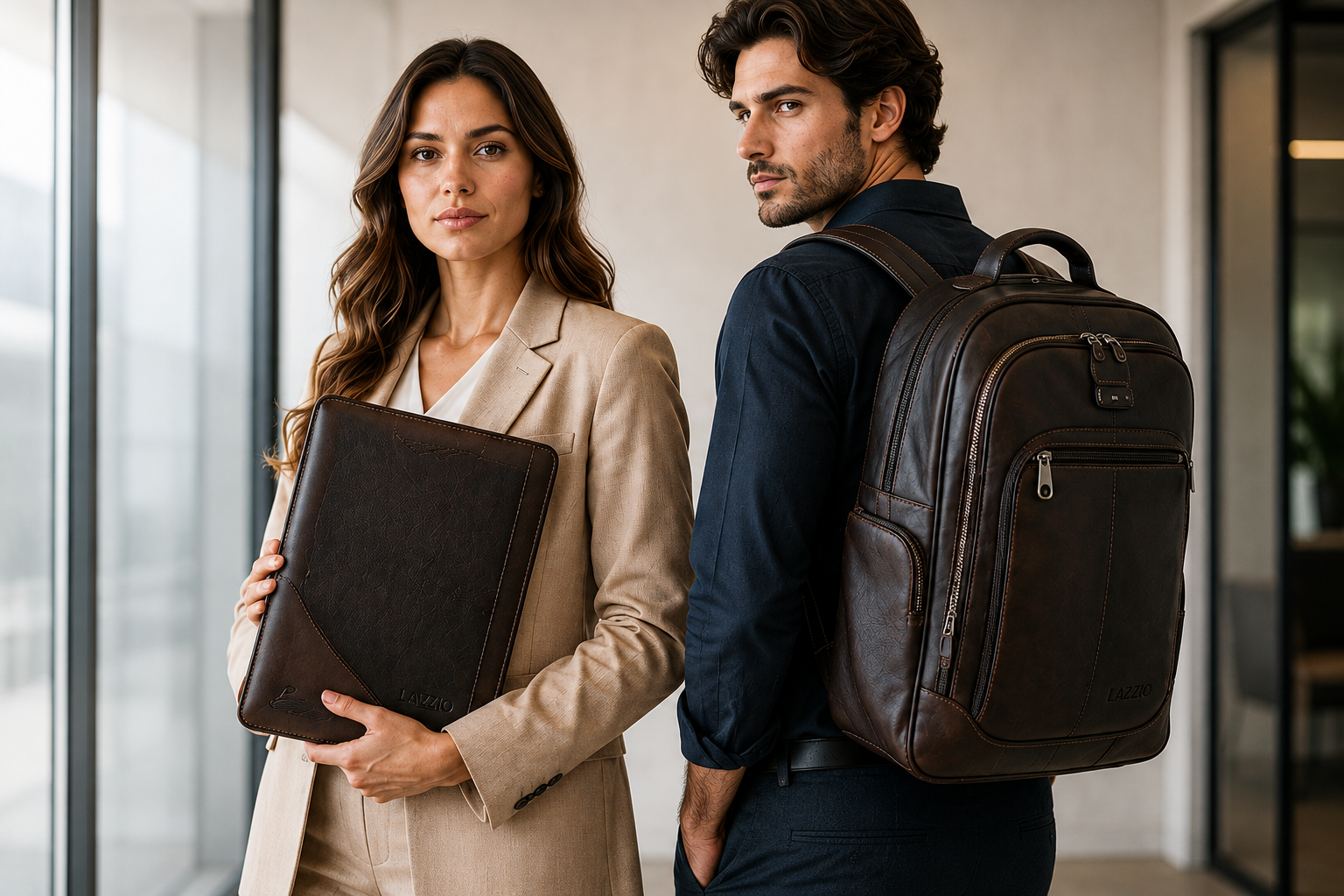 Modelo feminina com pasta de couro e modelo masculino com mochila de couro Lazzio